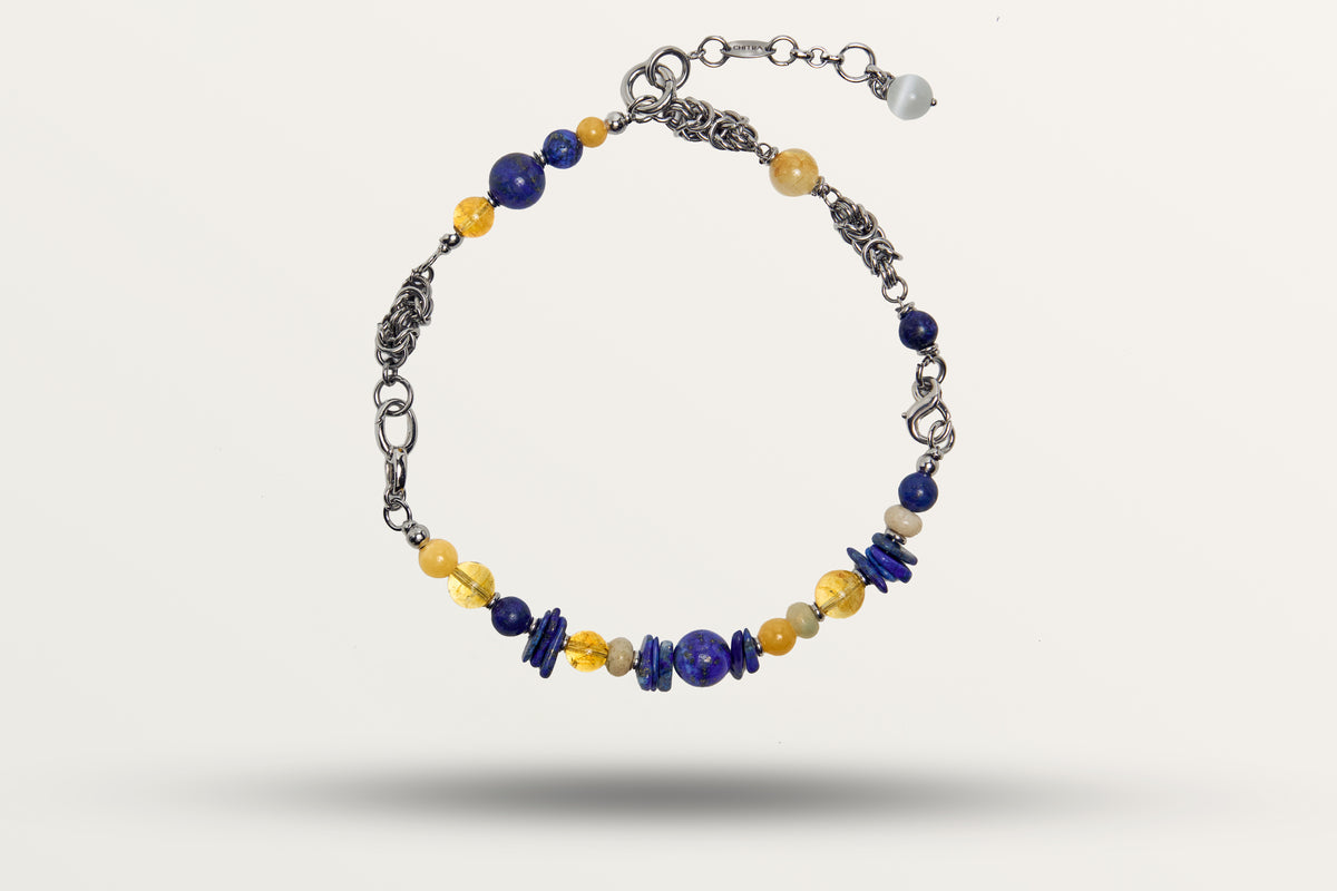The Moon Phase as a necklace, one closed loop of deep blue and yellow stones on a woven steel chain