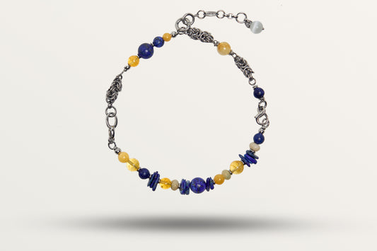 The Moon Phase as a necklace, one closed loop of deep blue and yellow stones on a woven steel chain