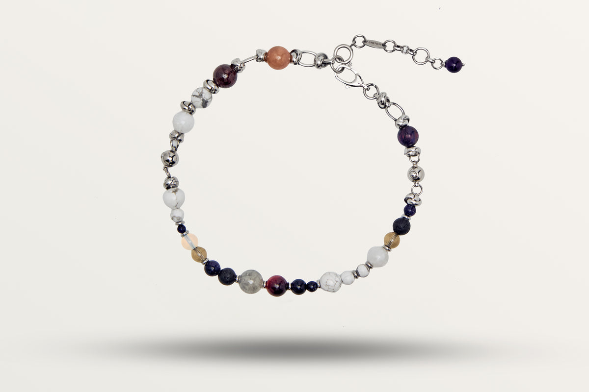 The Empower and Protect as a necklace, one closed loop of mixed dark and pale stones