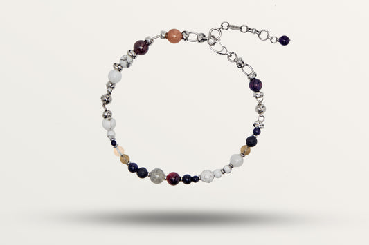 The Empower and Protect as a necklace, one closed loop of mixed dark and pale stones