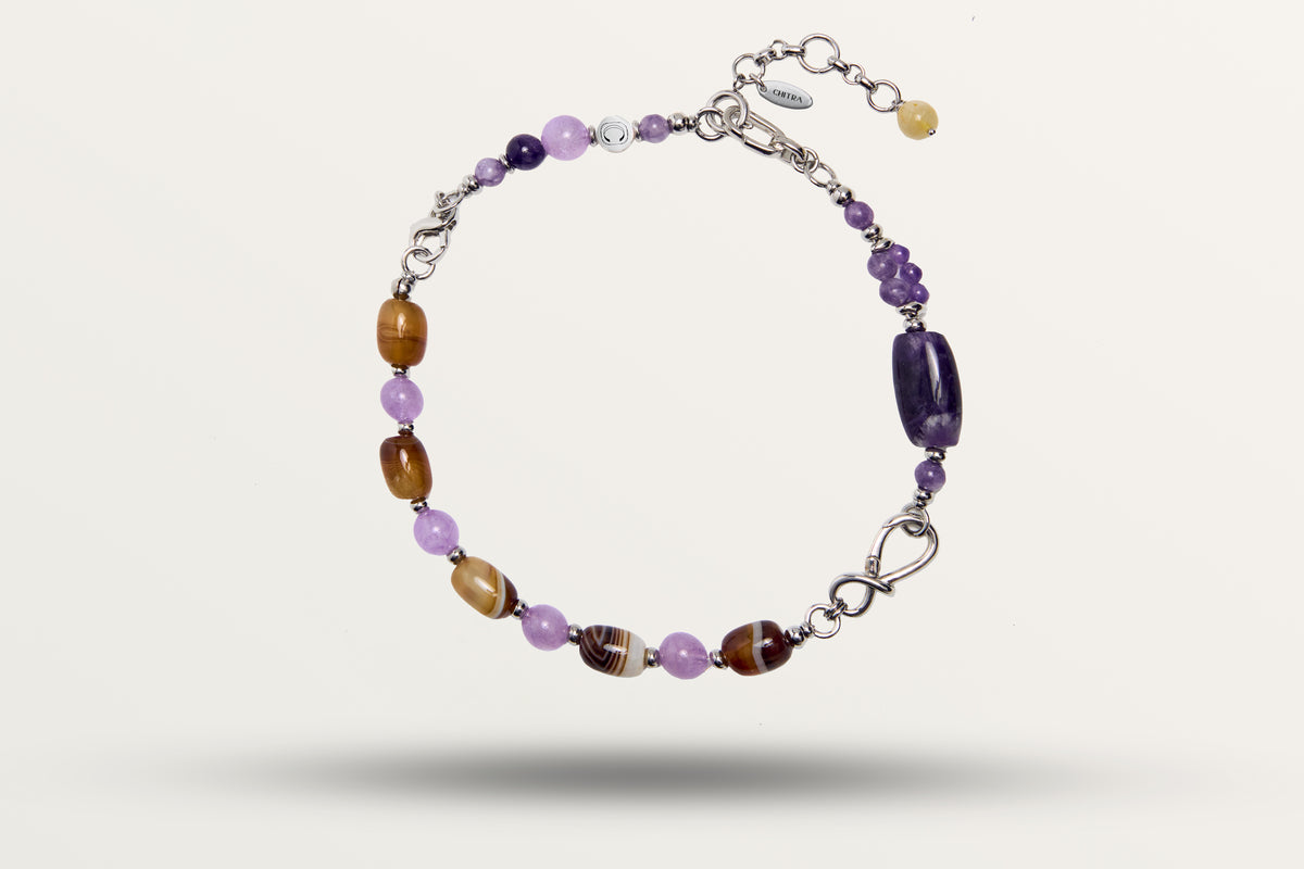 The Violet Chocolate as a necklace, one closed loop of purple and brown banded stones